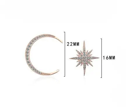Real 925 Sterling Silver Zircon Moon Star Stud 14K Gold Earrings For Women Asymmetry Cute Fine Jewelry Drop shipping