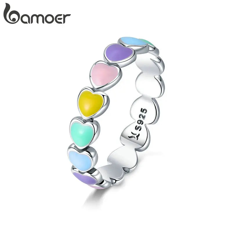 BAMOER 925 Sterling Silver Cute Rainbow Heart Finger Ring for Women Stackable Silver Ring with Mini Hearts Trendy Jewelry SCR444