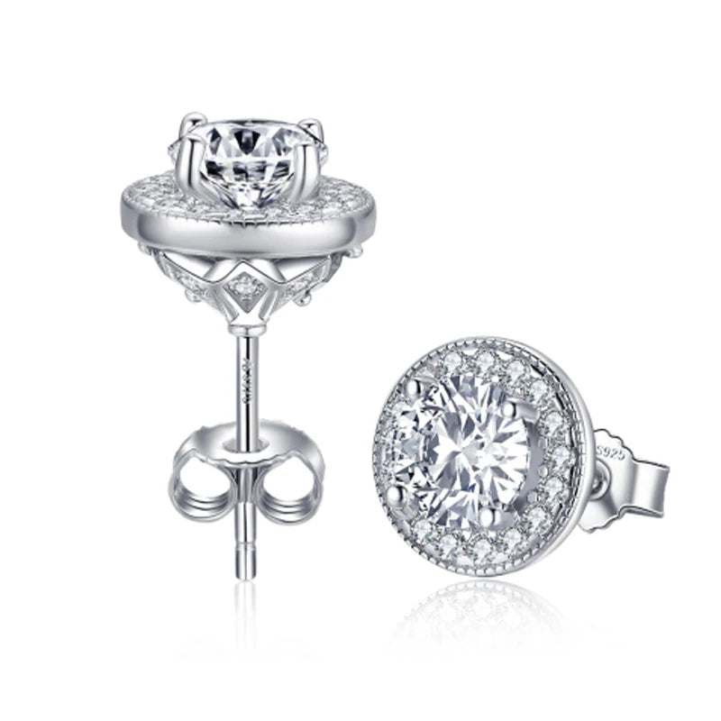 OXTAO Trendy 925 Sterling Silver Round Cut 7mm Main Stone Stud Earrings Engagement Wedding Female Jewelry Piercing Accessories