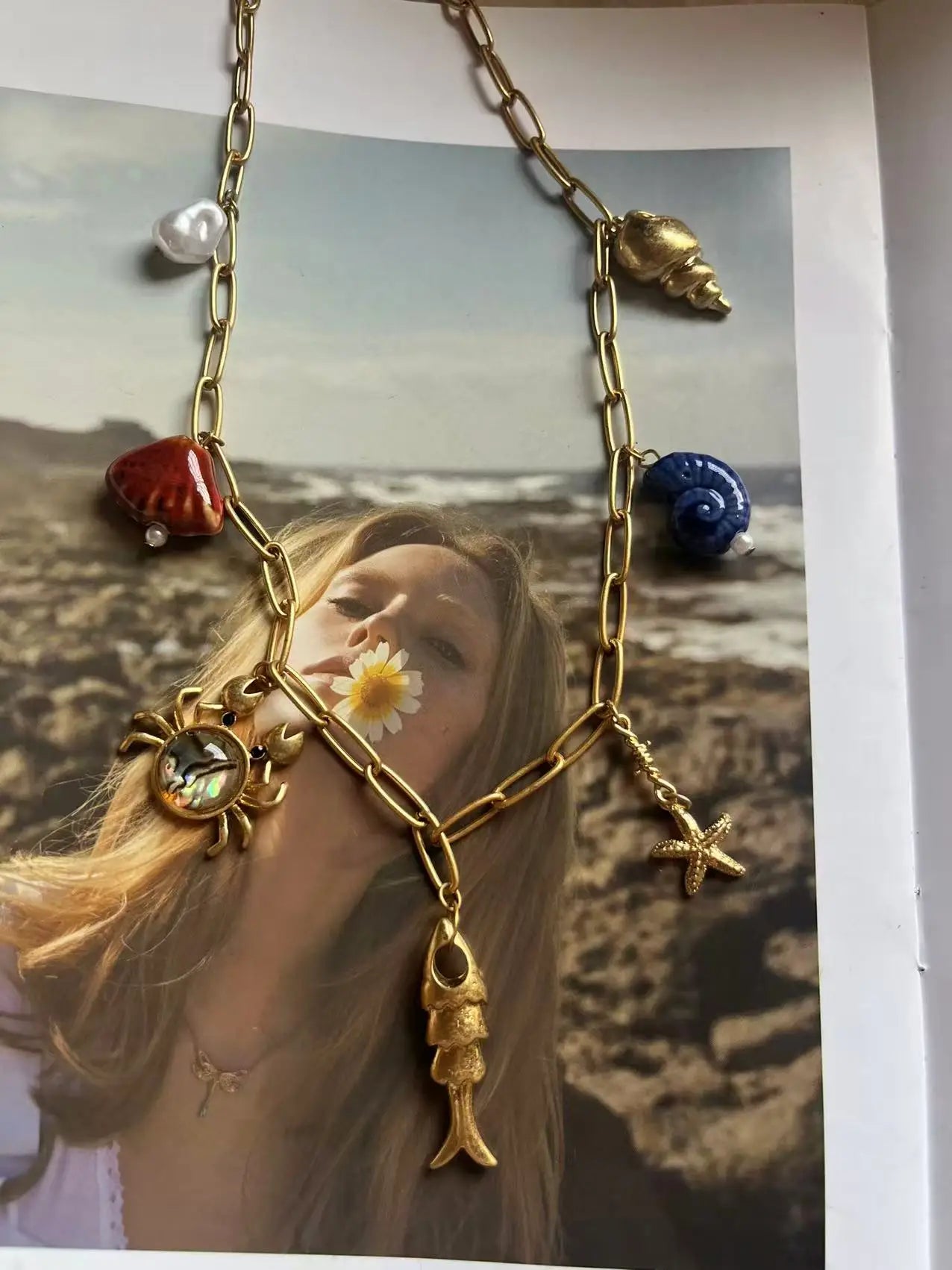 Beach Fish Coral Shell Multi Charm Summer Necklace