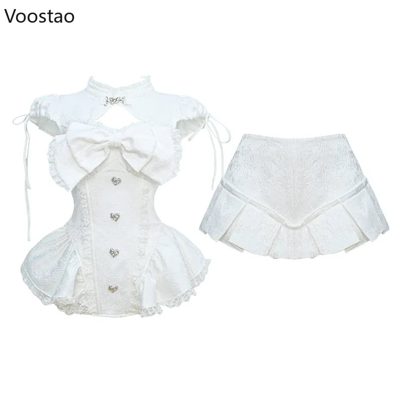 Gothic Y2k Mini Dress Shorts Set Women Sweet Ruffles Lace Bow Patchwork Cake Dress Skirts Suits Female Korean Streetwear Outfits