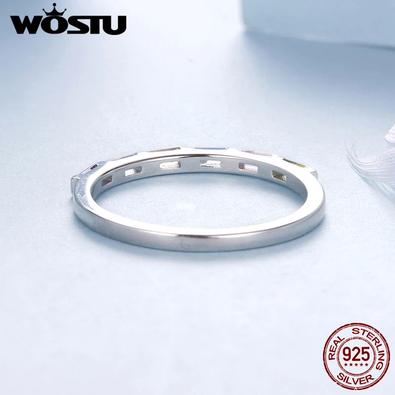 WOSTU 925 Sterling Silver Rainbow Single Ring White Gold CZ Colorful Lively Original for Women Girl Birthday Fine Jewelry Gift