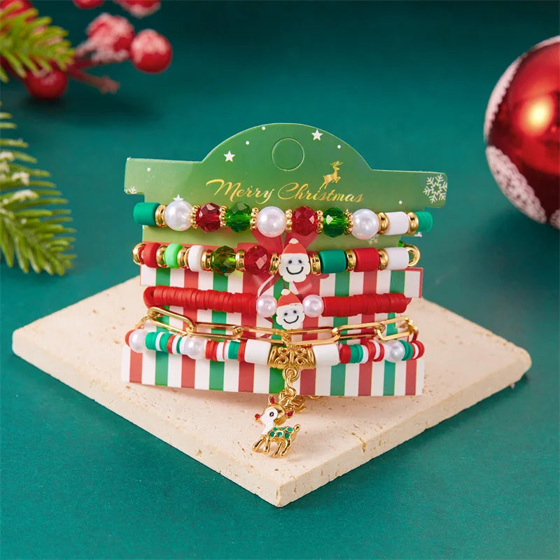 5Pcs Multilayer Beaded Bracelet Set For Women Multicolor Rice Beads Christmas Tree Santa Claus Snowman Bangle New Year Jewelry
