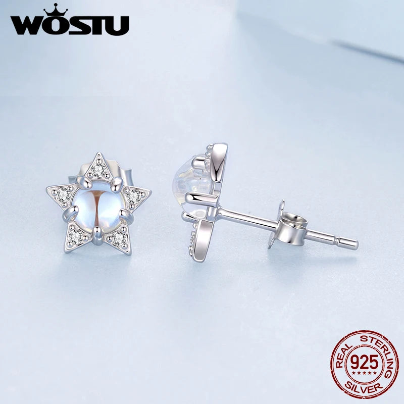 WOSTU 925 Sterling Silver Star and Moon Stud Earrings For Women, Cute Rainbow Moonstone Zircon Studs Party Daily Jewelry Gift