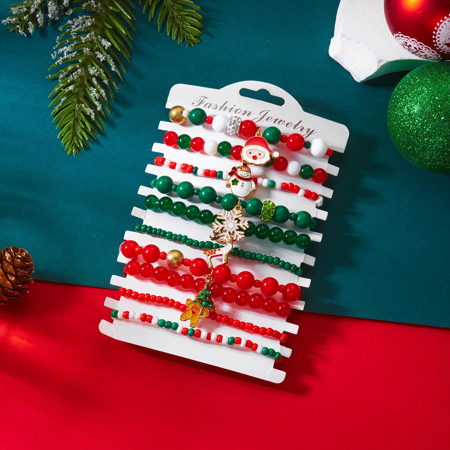 10 Pcs Christmas Colorful Beaded Bracelet Set For Women Santa Claus Xmas Tree Snowflake Rice Beads Bangle Party Festival Jewelry