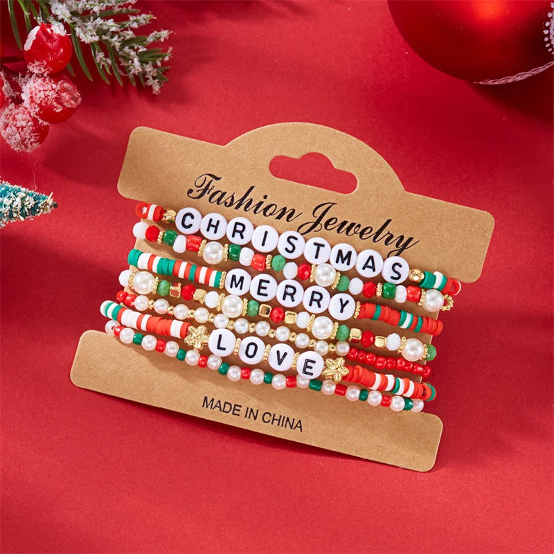 Multilayer Christmas Rice Beads Beaded Bracelet Set For Women Santa Claus Xmas Tree Crystal Polymer Clay Beads Bracelets Jewelry