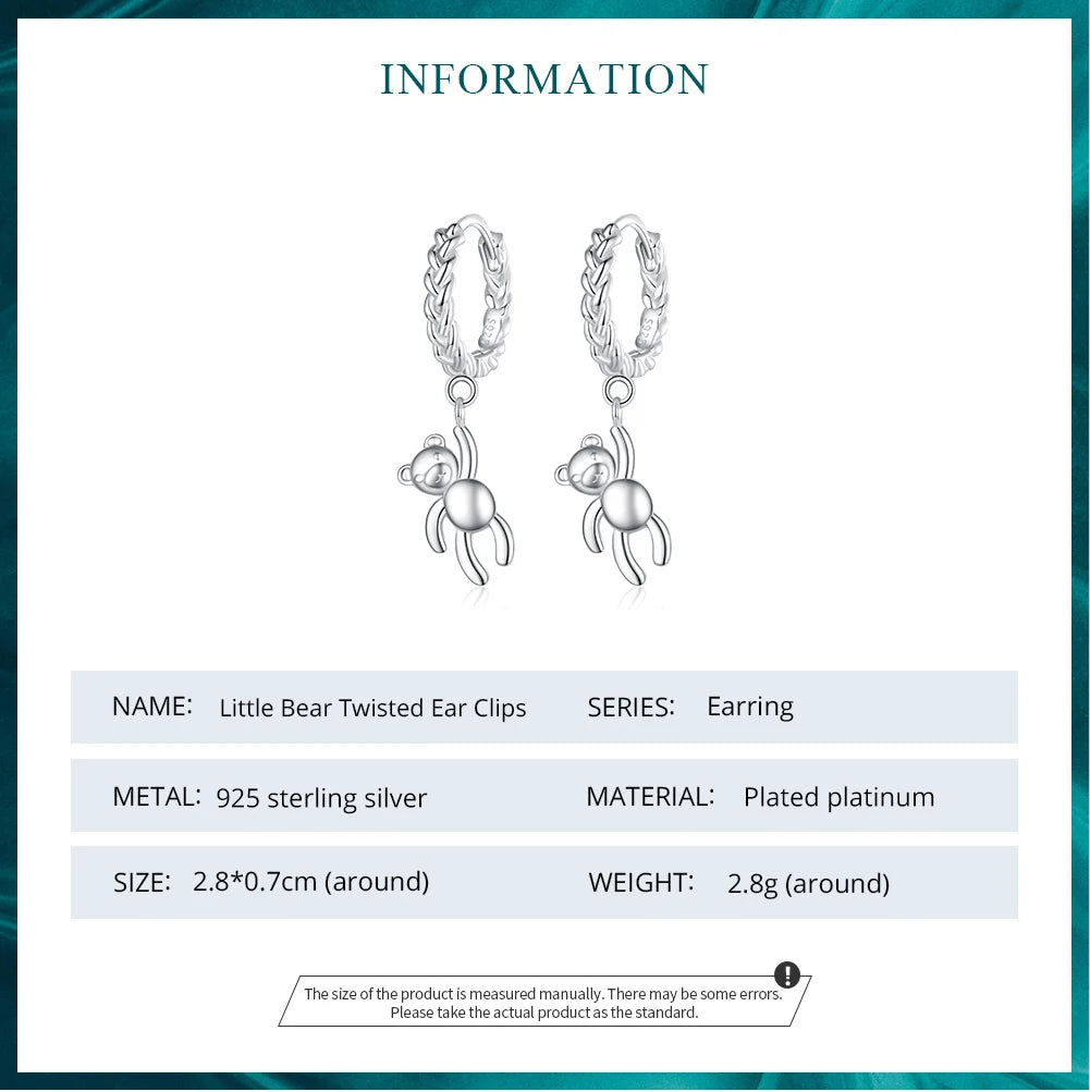 Sterling Silver Braided Texture Twisted Ear Buckles Silver Bear Drop Earrings for Women Christmas Gift Jewelry - Madeinsea©