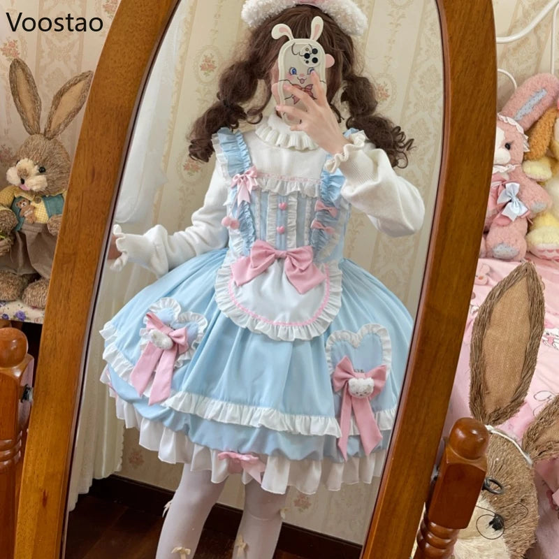 Japanese Sweet Lolita Jsk Dress Women Cute Blue Pink Bow Bear Lace Ruffles Sleeveless Dress Girls Kawaii Tea Party Mini Dress