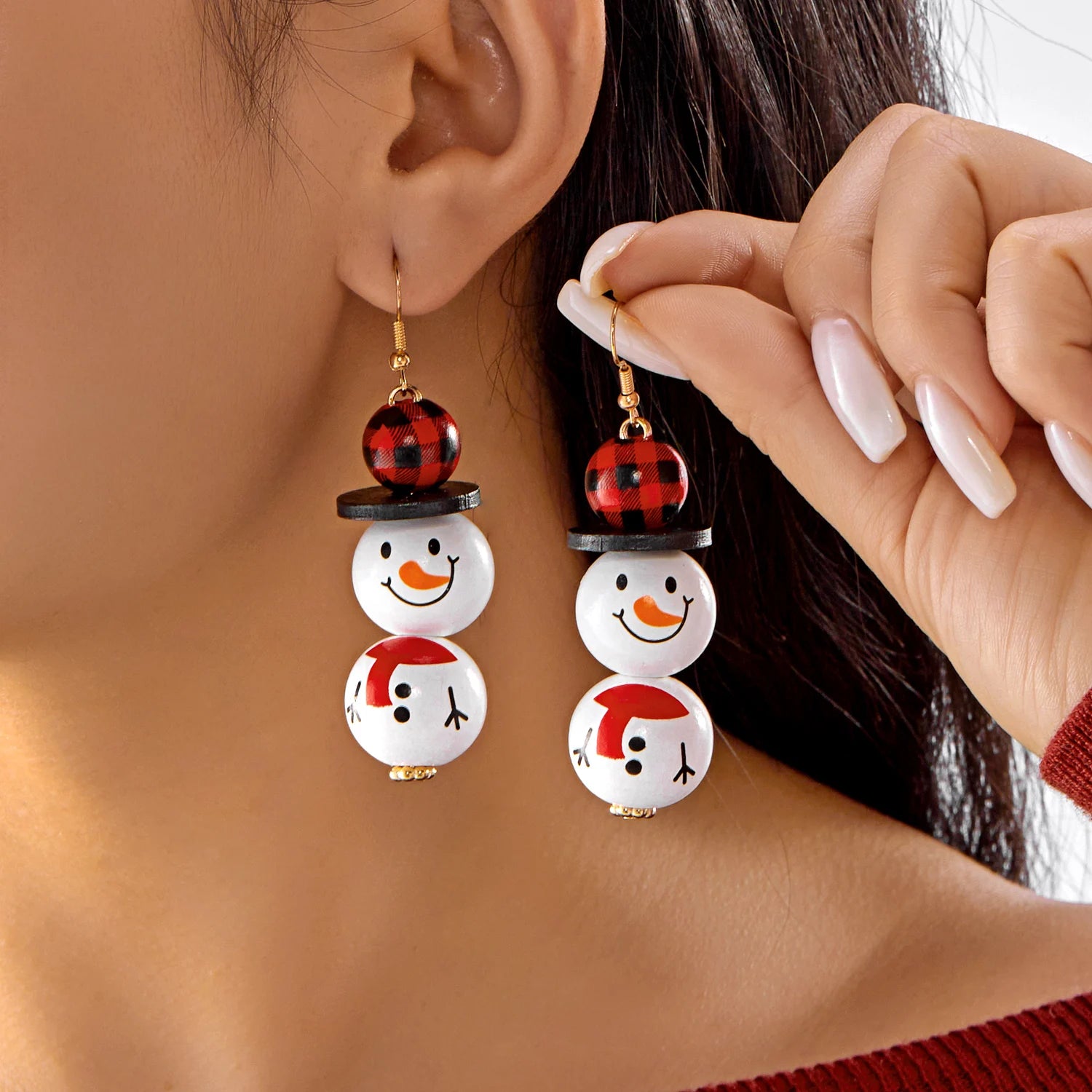 Cartoon Wooden Snowman Dangle Earrings For Women Wear A Hat Cute Santa Claus Wood Beads Earring Christmas Party New Year Gifts