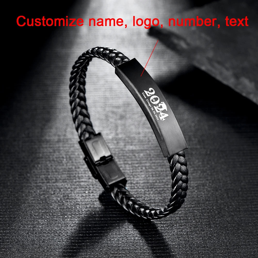 MKENDN Personalized Custom Name Stainless Steel Jewelry Braided Leather Bangle Gift for You And Your Loved One Also Your Parents