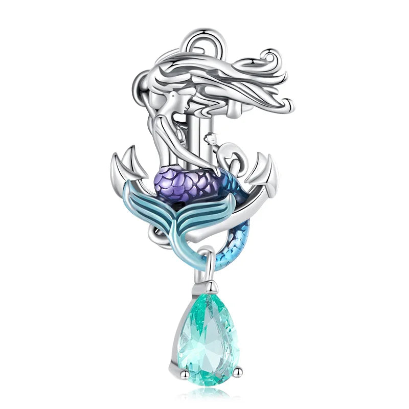 BISAER 925 Sterling Silver Ocean Dreamy Mermaid Charm Bead Rainbow Fishtail Crystal Pendant Fit Women DIY Bracelet Fine Jewelry