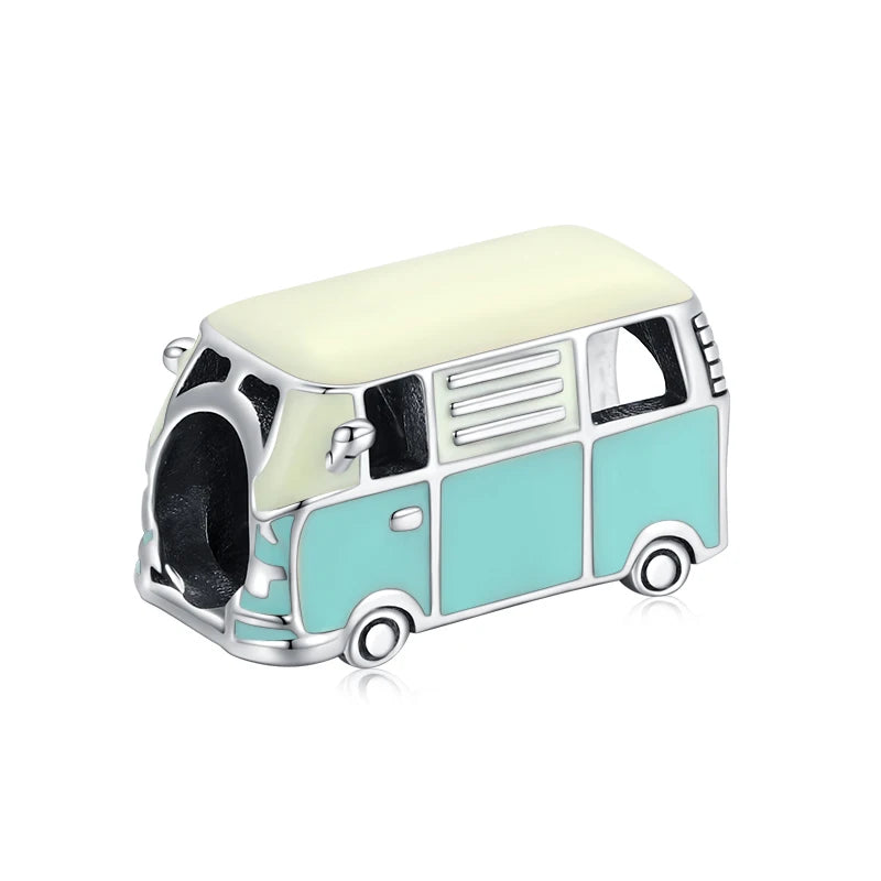 WOSTU 925 Sterling Silver Cartoon Bus Charm Beetle Car Bead Pink Bicycle Pendant Fit Bracelet Necklace Girl Birthday DIY Jewelry