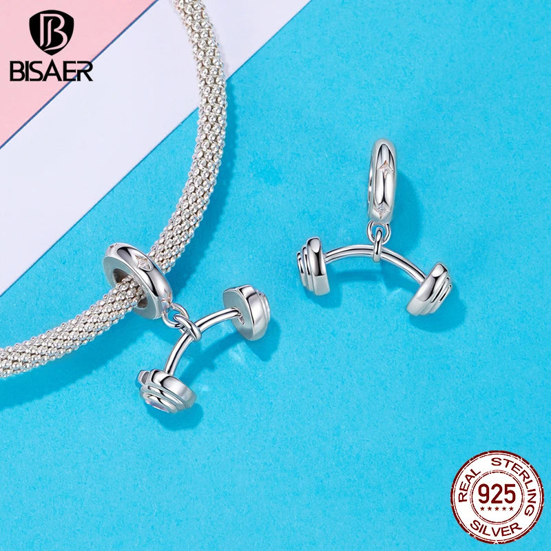 BISAER 925 Sterling Silver Pink Headphone Charm Bead Tennis Volleyball Barbell Pendant For Women Girl DIY Bracelets Fine Jewelry