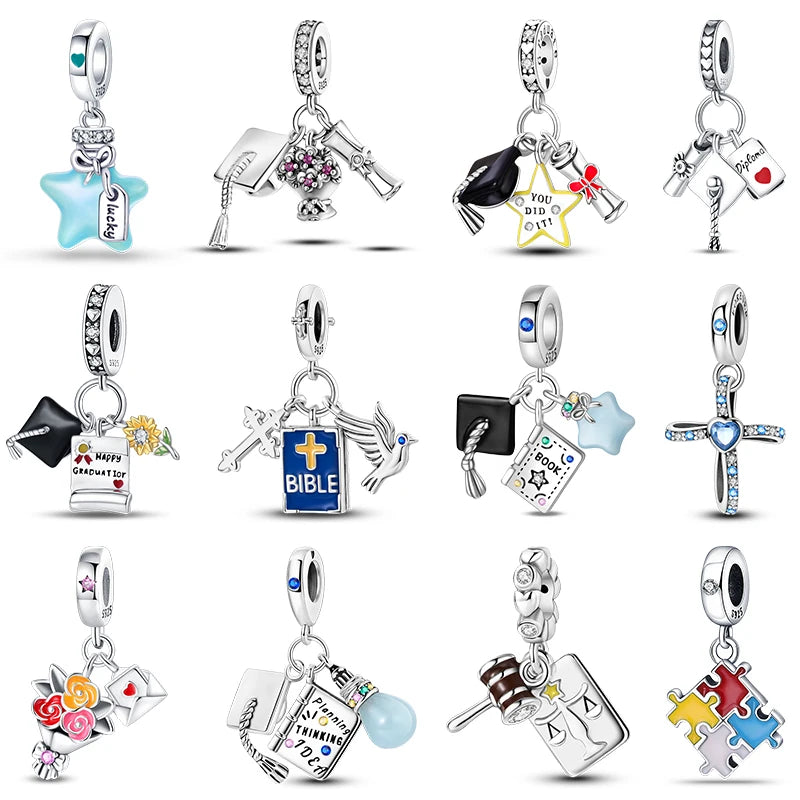 New 925 Silver Trencher Cap Graduation Season Charms Beads Fit 3mm 925 Original Bracelets DIY Unique Jewelry Graduation Gift