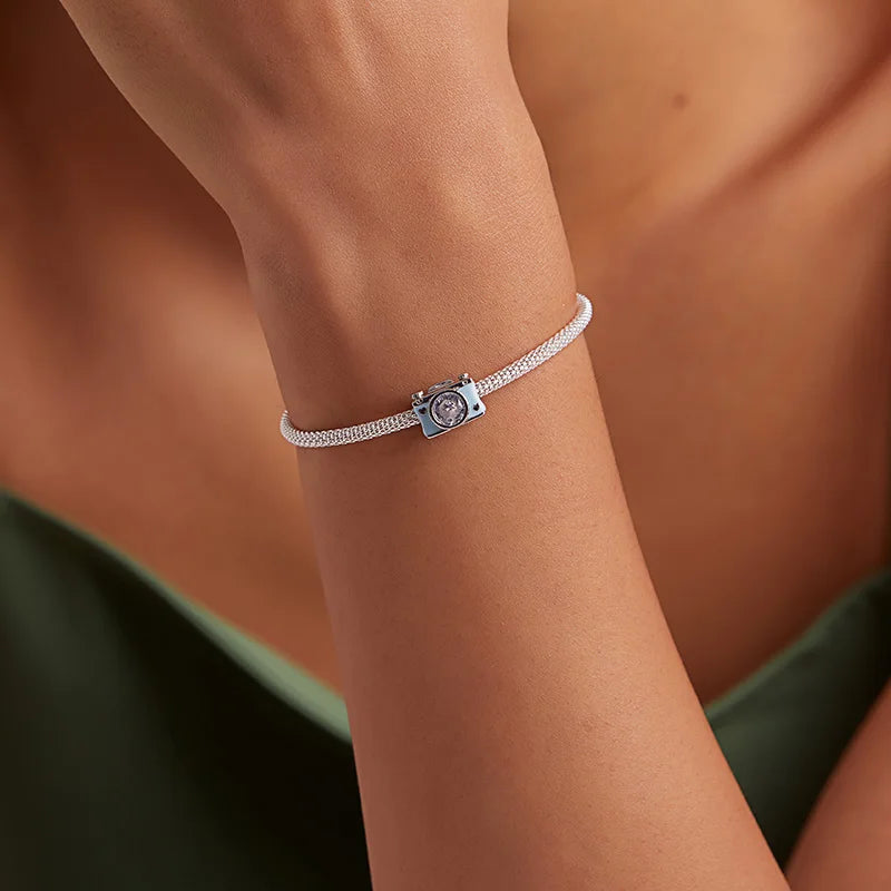 BISAER Real 925 Sterling Silver Camera Charm Bule Shiny Cameras Enamel Pendant For Women DIY Bracelet & Necklace Fine Jewelry