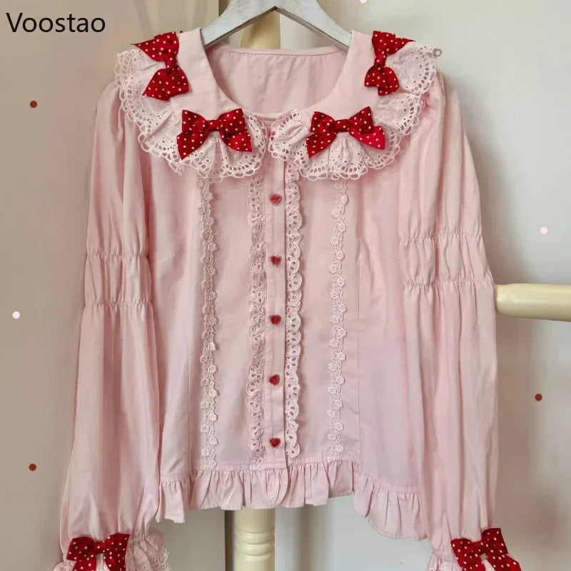 Japanische Sweet Lolita Blusen für Damen im Harajuku-Stil mit Peter-Pan-Kragen, Schleife, Spitze und Rüschen, langen Ärmeln, weiß
