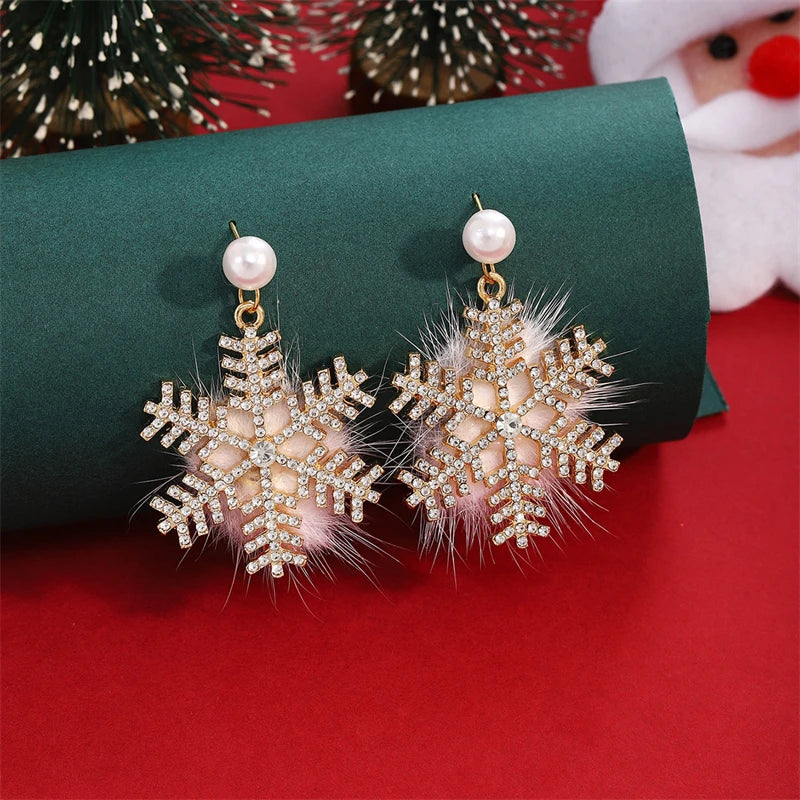 Christmas Snowflake Red Flocking Bowknot Drop Earrings for Women Xmas Cute Elk Snowman Hairball Long Earring Festival Jewelry