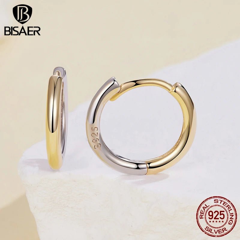 BISAER 925 Sterling Silver Two-tones Hoop Earrings Minimalist Round Huggie Earrings 14K Gold Plated For Women Party Fien Jewelry