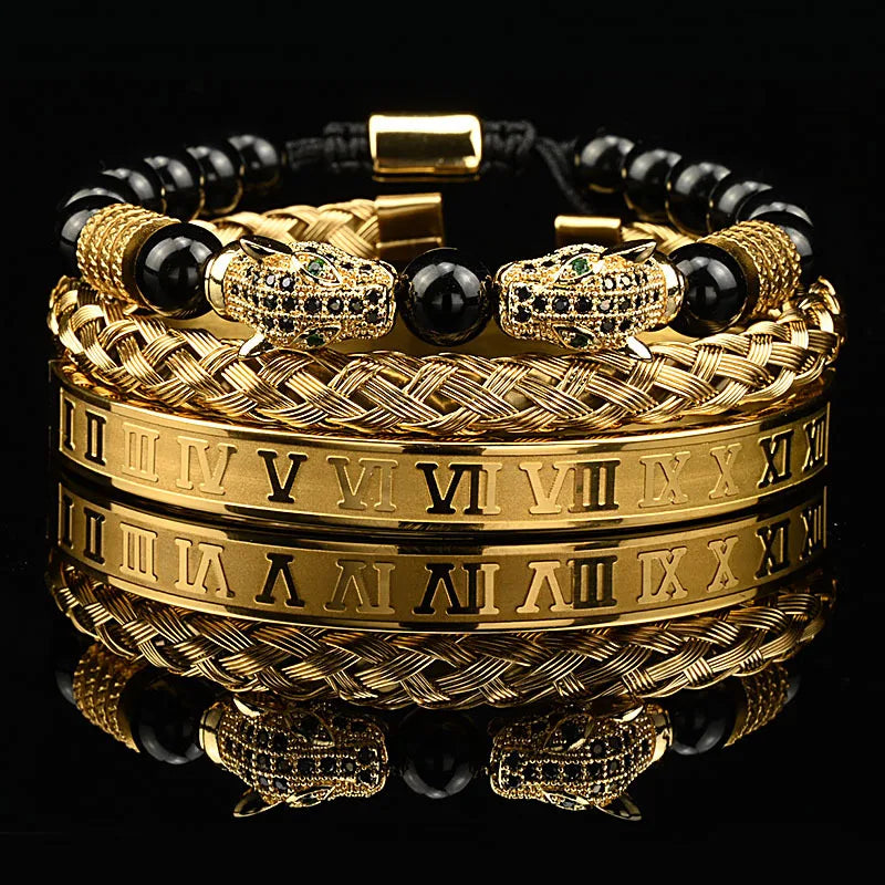 Luxury Black Stone Beads Leopard Head Man Bracelet Enamel Stainless Steel Roman Bangles Women Jewelry Set