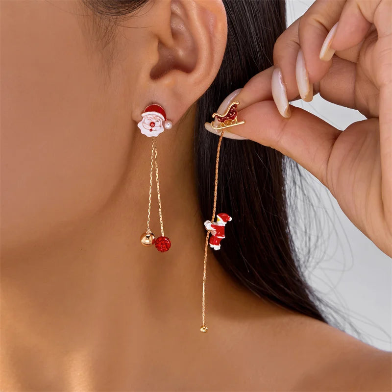 Fashion Christmas Asymmetrical Earrings for Women Zircon Snowflake Santa Claus Xmas Tree Snowman Tassel Earring Party Jewelry