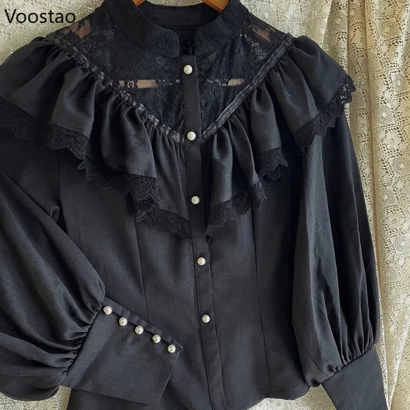 Gothic Y2k Lolita Style Shirts Women Vintage Long Sleeve Princess Blouses Girls Victorian Sweet Lace Ruffles Tops Blusas Mujer