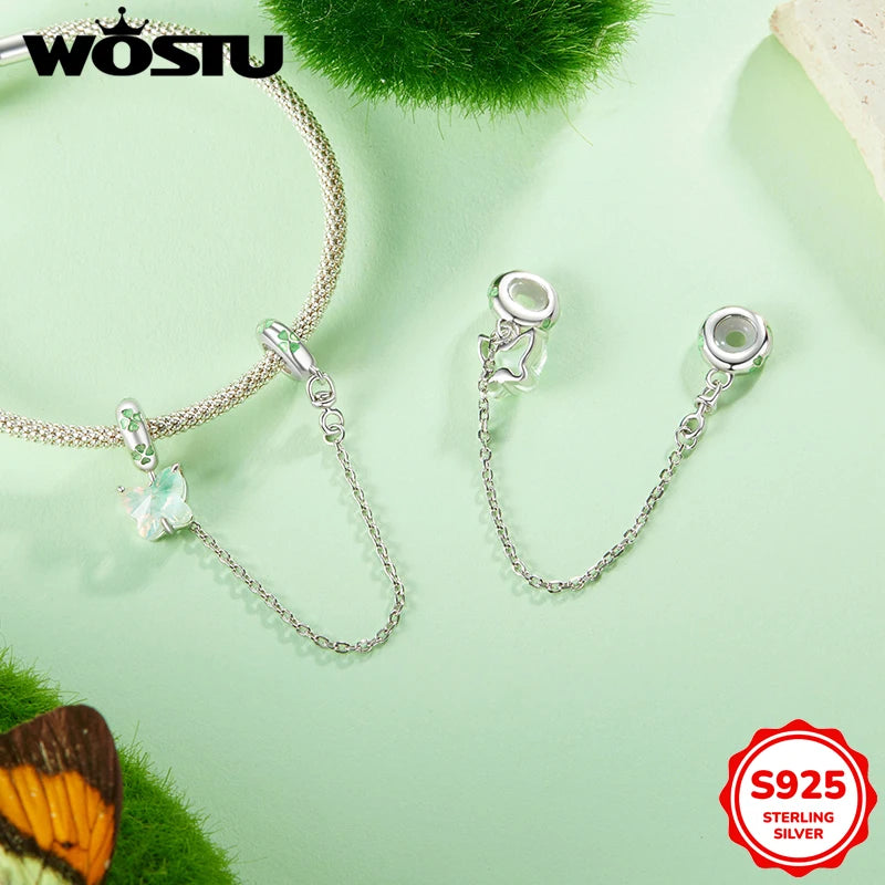 WOSTU 925 Silver Green Butterfly Heart Charm Clover Murano Bead Dragonfly unicorn Pendant fit Bracelet Necklace DIY Jewelry Gift