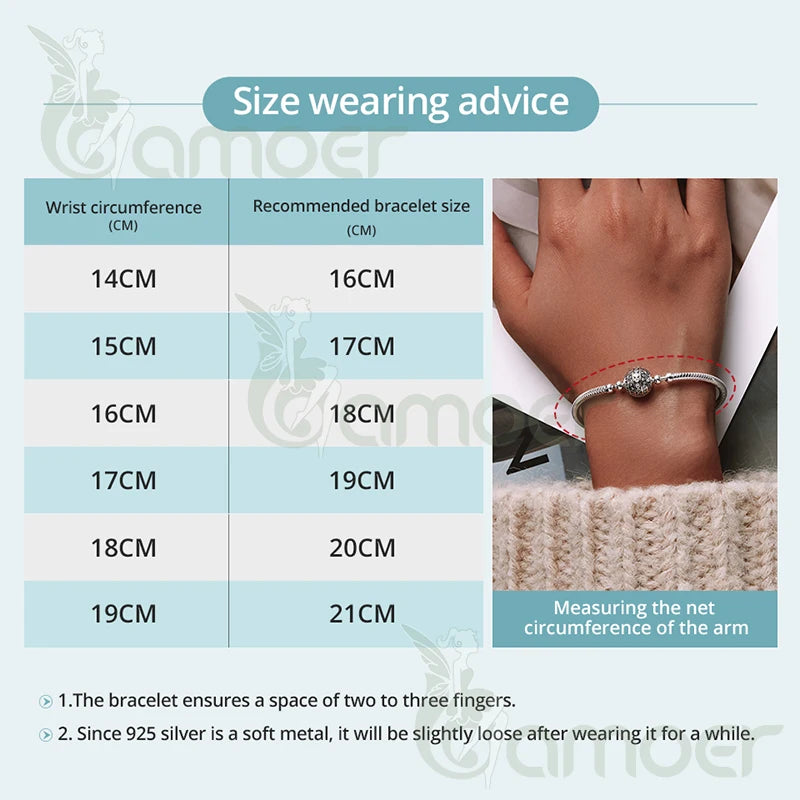 BAMOER 925 Sterling Silver Heart Love 3mm Chain Charm Bracelet for Women, High Quality Bracelet Fit for DIY Beads & Pendant