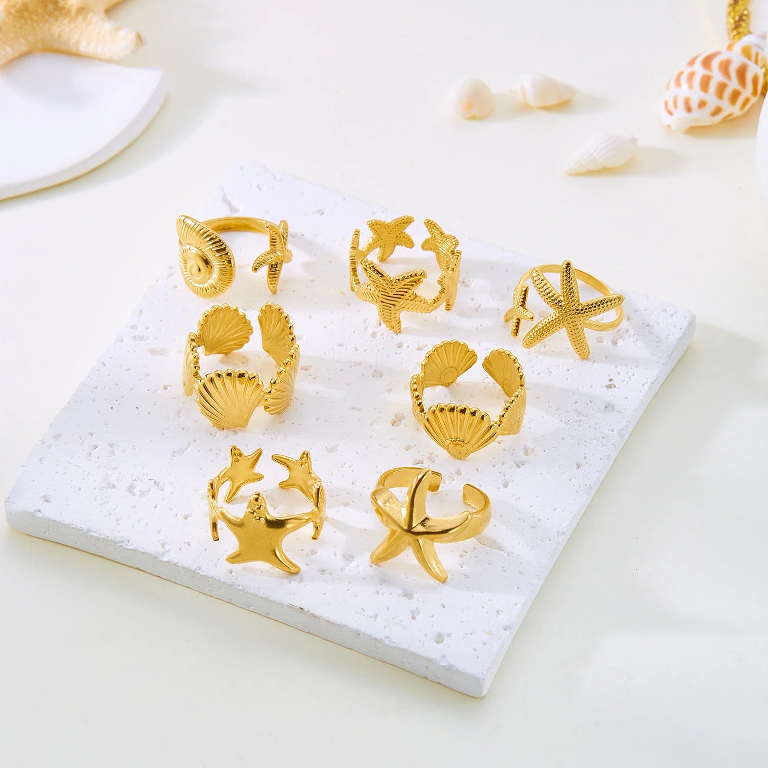 Stainless Steel Shell Rings For Women Vintage Gold Color Starfish Conch Adjustable Finger Ring Summer Ocean Beach Party Jewelry