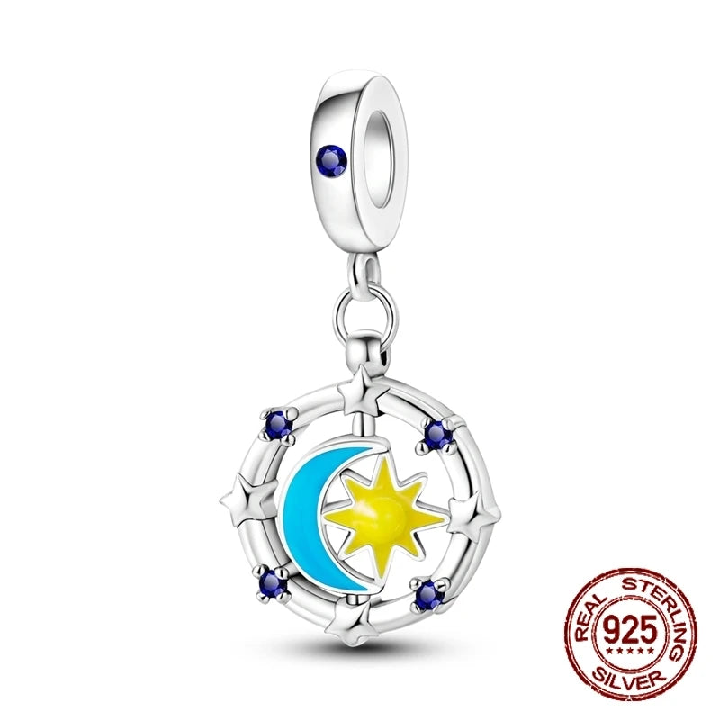 Breloque en argent sterling 925 représentant la lune, l'étoile, l'avion, l'espace, série bleue, compatible avec les bracelets Pandora originaux, bijoux à offrir