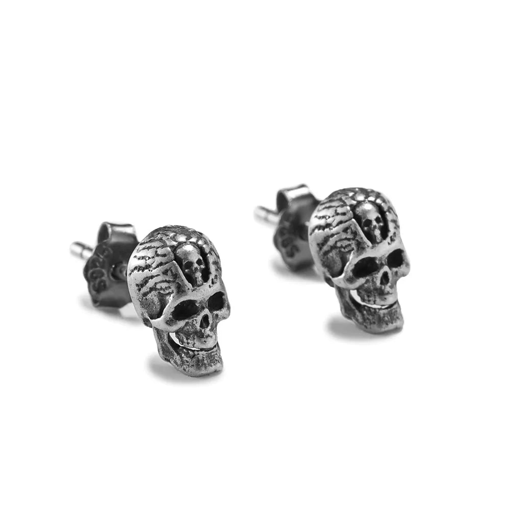 MKENDN Pure 925 Sterling Silver Creative Retro Skull Stud Earring Trendy Street Punk Style for Men Women Europe Fine Jewerly
