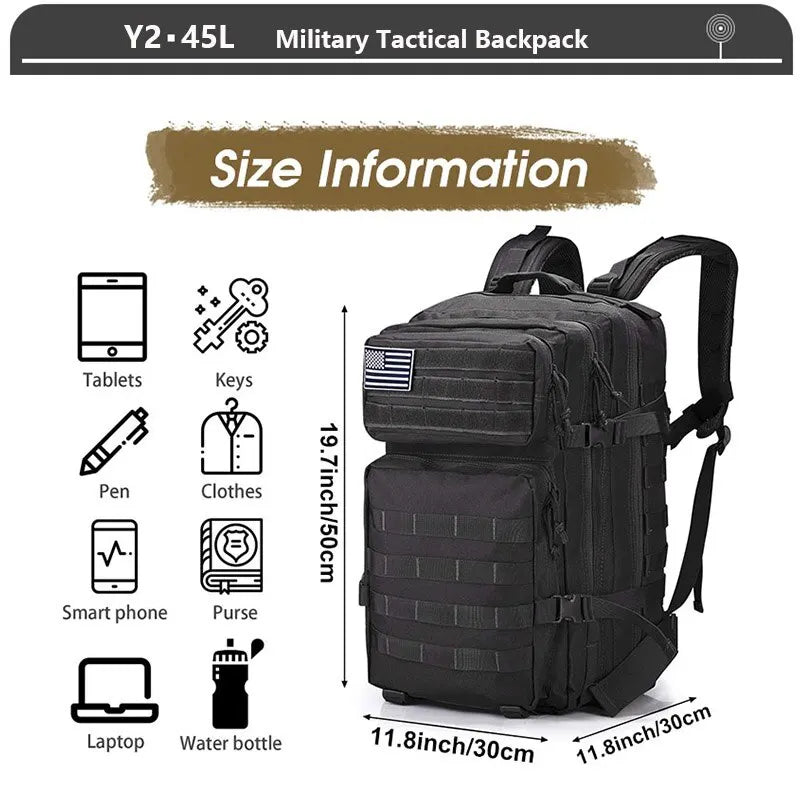 Tactical Backpack 3 Day Assault Pack Molle Bag 38/45L Large Outdoor Waterproof Hiking Camping Travel 600D Rucksack Men Fishing - Madeinsea©