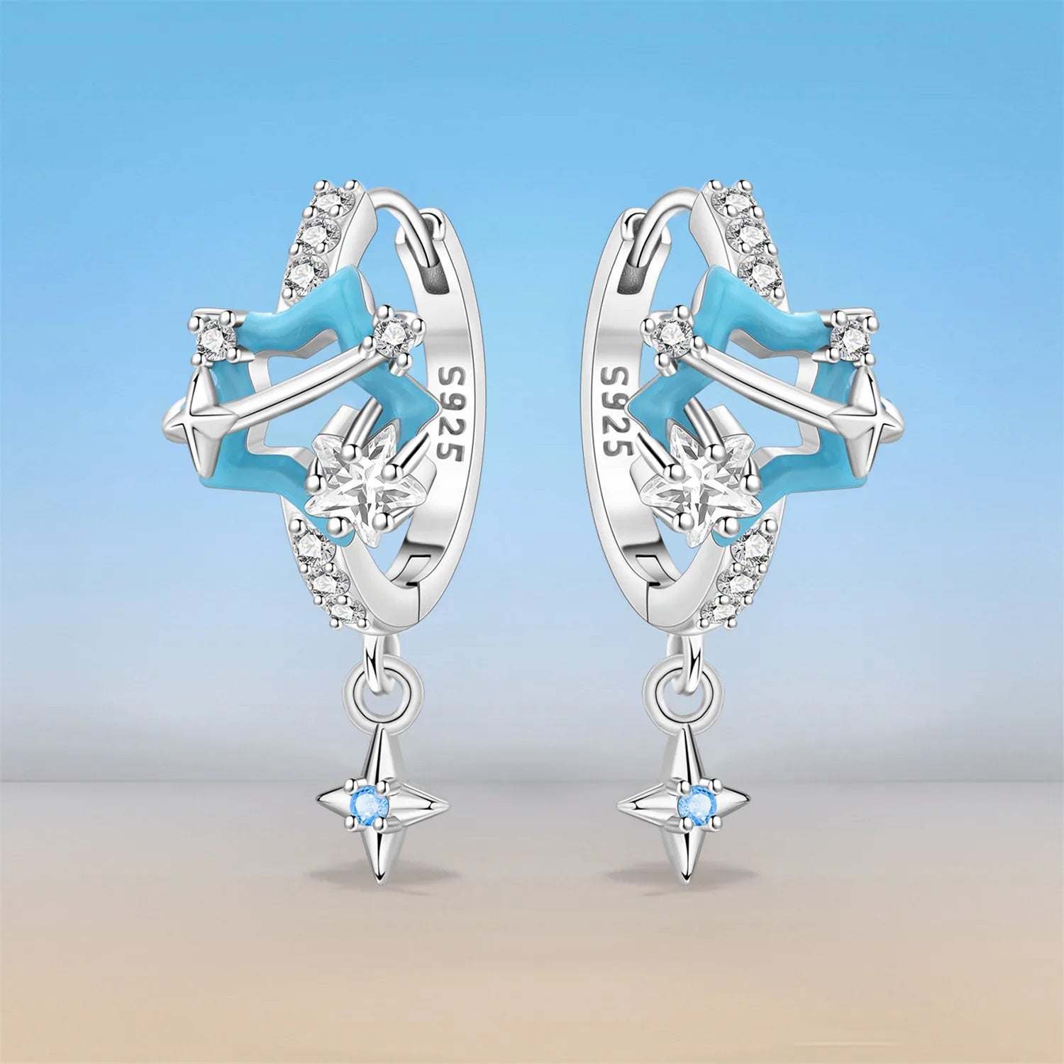 PANPOKI 925 Sterling Silver Sparkling Blue Star Planet Drop Earrings Women Earrings Charm Trend Versatile Party Jewelry Gifts