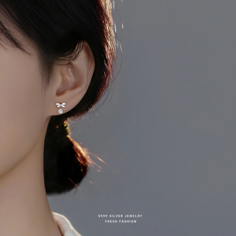 Real 925 Sterling Silver Fashion Romantic Delicate Zircon Bow Stud Earrings For Women Wedding Fine Jewelry