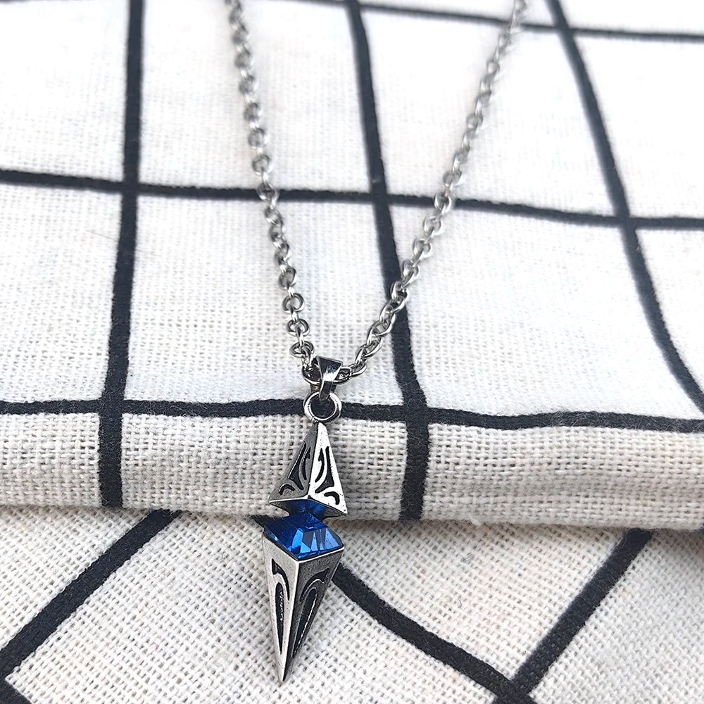 Chic Blue Stone Necklaces for Men Retro Hip Hop Alloy Geometric Pendant Collar,Valentine's Birthday Party Gift for Him