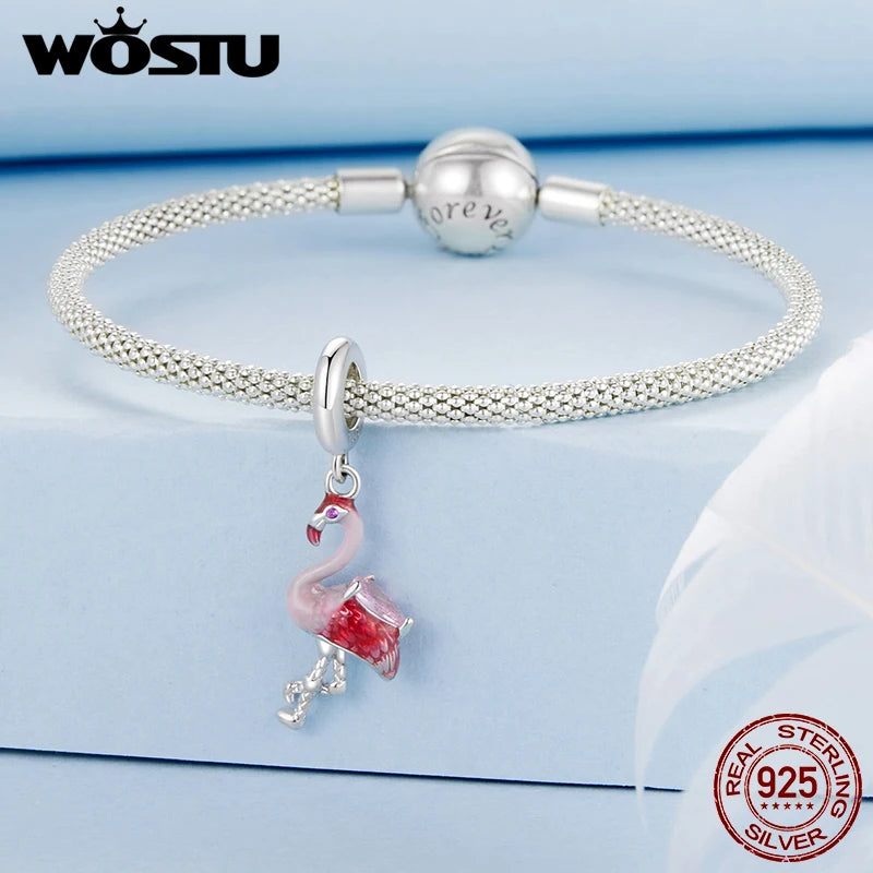 WOSTU Solid 925 Sterling Silver Flamingo Pendant Red Bird Charm Fit DIY Bracelet Necklace Summer Beach Jewelry Series
