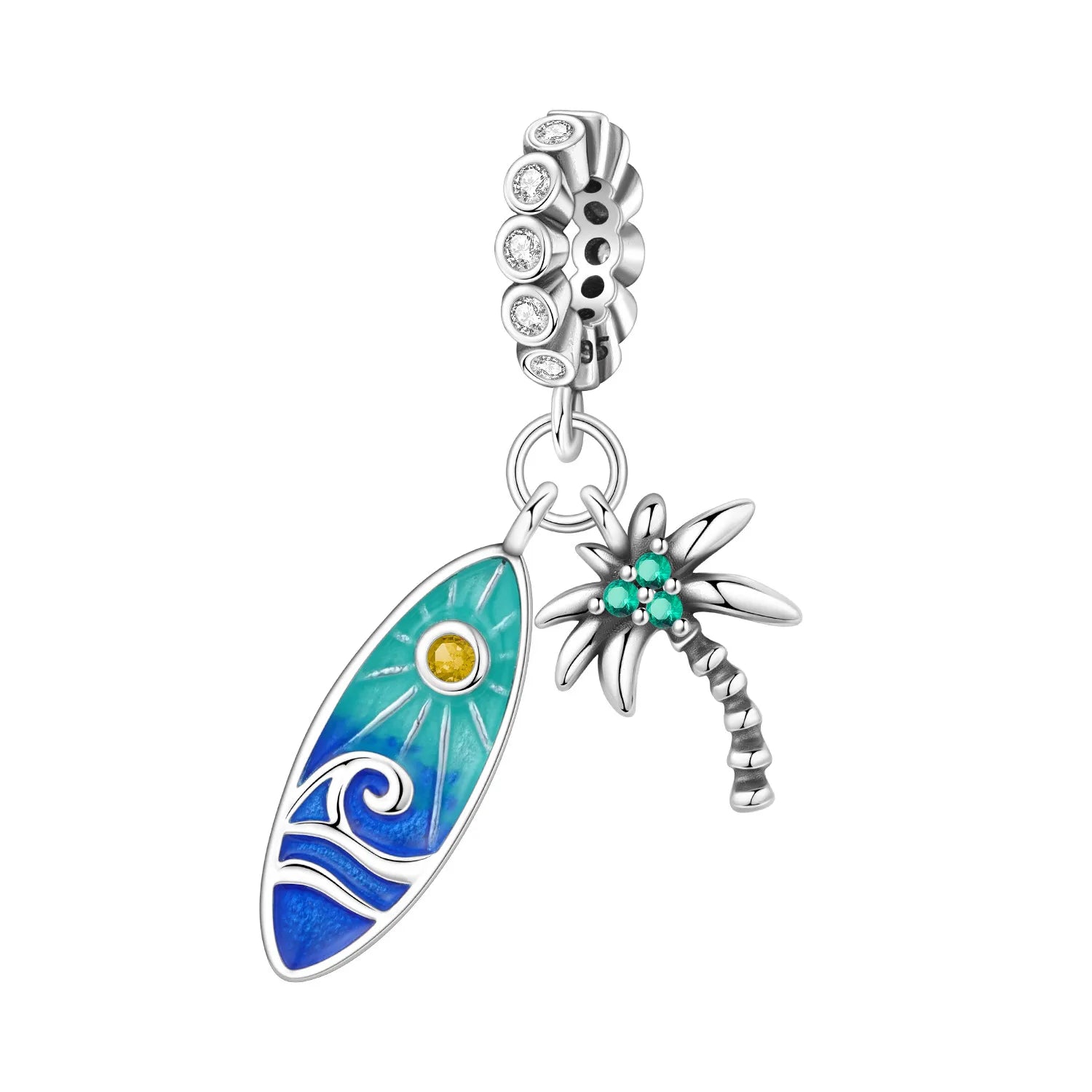 PANPOKI 925 Sterling Silver Surfboard Coconut Tree Pendant Charms Beads Fit Bracelet DIY Party Trendy Gift Jewelry Accessory