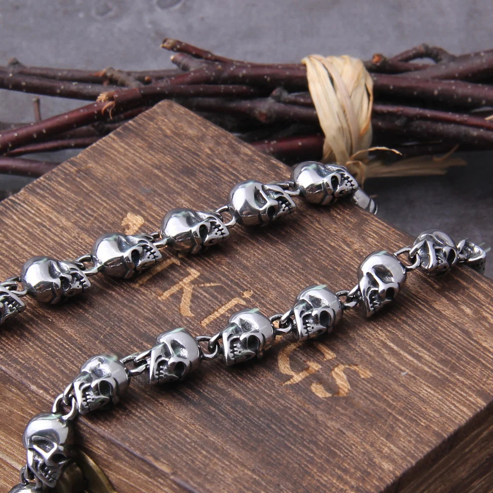 Stainless steel new design men punk skull chain necklace men fashion stainless steel charm bracelet jewelry with wooden box