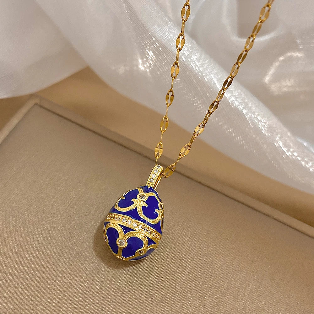 AENSOA Colorful Enamel Easter Egg Pendant Necklaces for Women Guilloche Locket Egg Rhinestone Charm Necklace Gold Color Jewelry