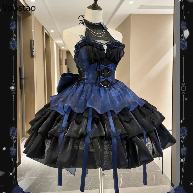 Vintage Victorian Lolita Princess Mini Dress Women Gothic Y2k Bow Lace Ruffles Sleeveless Party Dresses Girl Sweet Elegant Dress