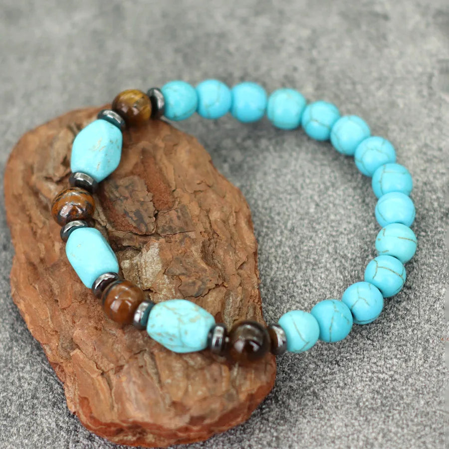 Stylish Turquoises Stone Strand Bracelet Men Women Handmade Tiger Eyes Hematite Healing Braslet Volcanic Rock Beaded Braclet