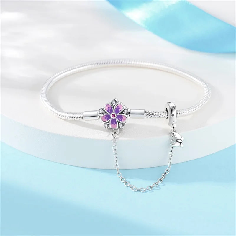 New Springtime 925 Silver Colorful Flower Butterfly Daisy Bracelets With Safety Chain Fit DIY Charms Beads Fine Birthday Jewelry