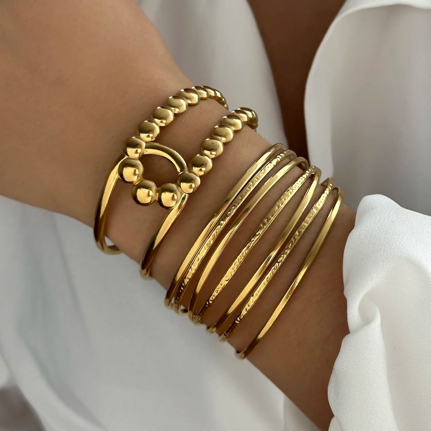Stainless Steel Multilayer Wave Wide Bangles for Women Gold Color Metal Chunky Flower Cuff Bangle Bracelets Aesthetic Jewelry