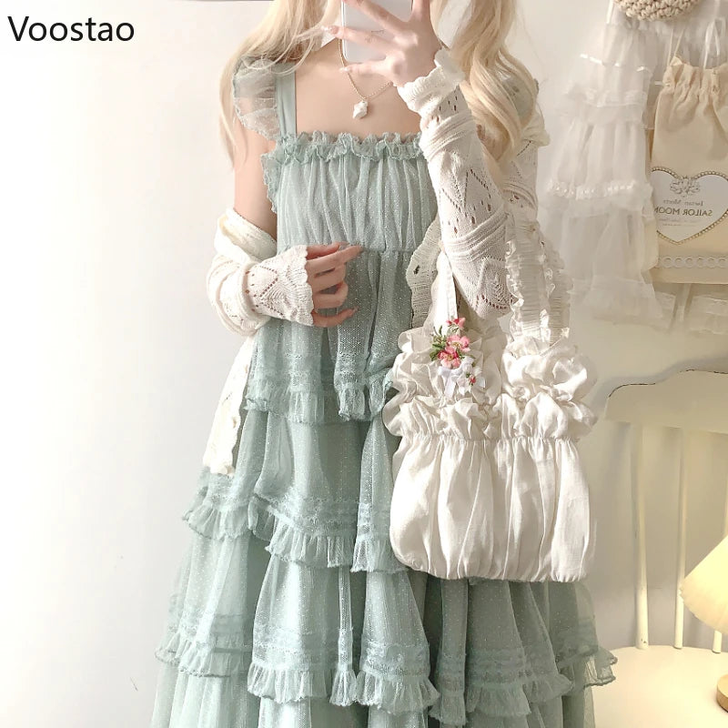 Sweet Elegant Lolita Style Midi Dress Women Kawaii Cute Ruffles Sleeveless Sand Beach Fairy Dresses Female Korean Princess Dress