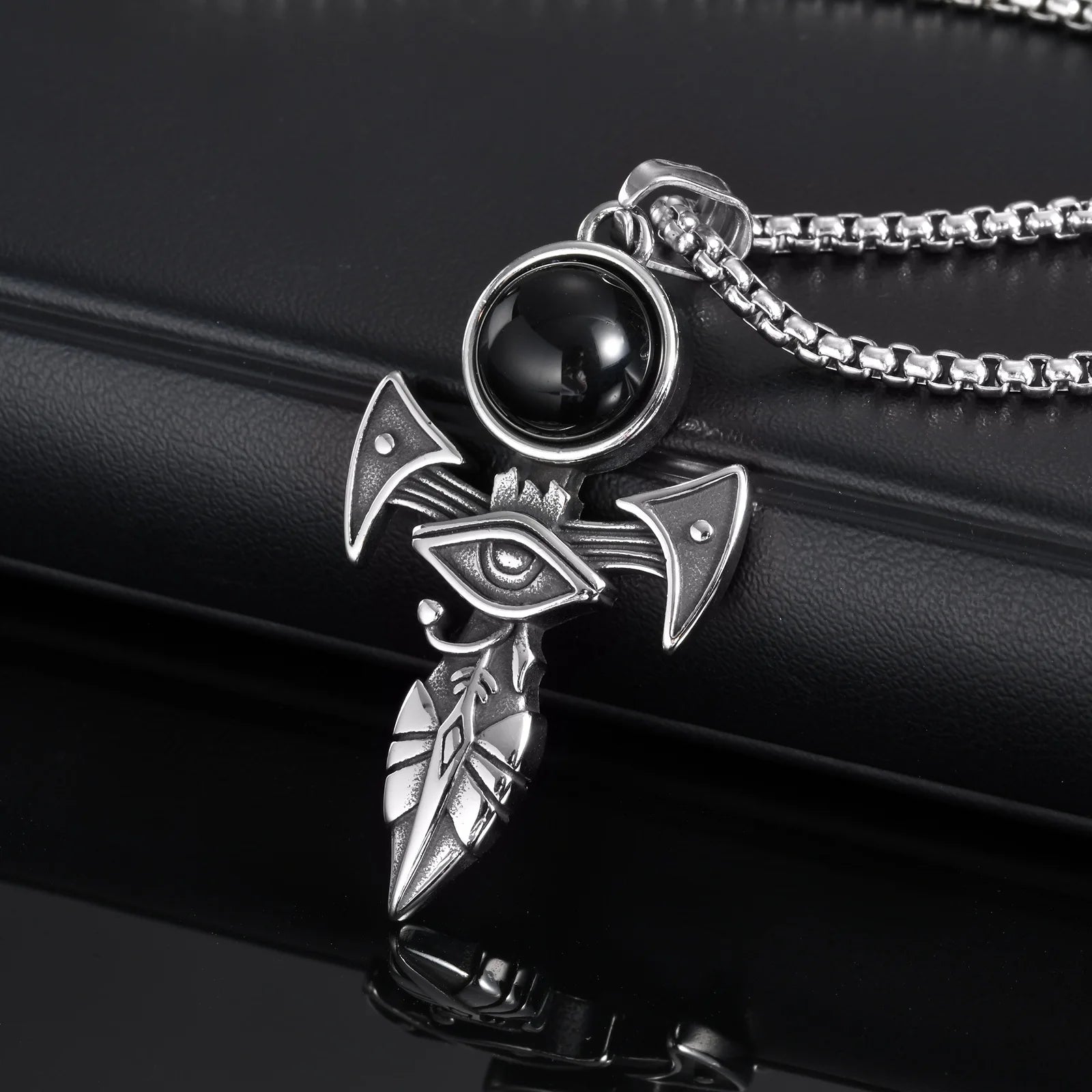 Vnox Gothic Herus Eye Pendant Necklaces, Mens Ankh Cross Pendant, Hammer Pendant with Black Agate Stone, Punk Devil Jewelry