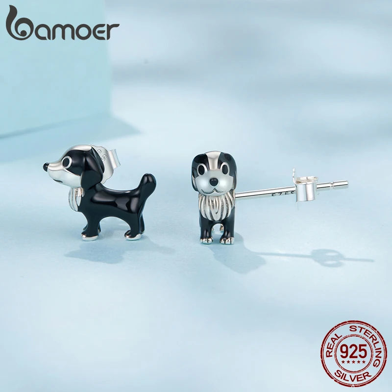 BAMOER 925 Sterling Silver Cut Border Collie Stud for Pet Lover, Enamel Black Playful Dog Piercing Hypoallergenic Earrings