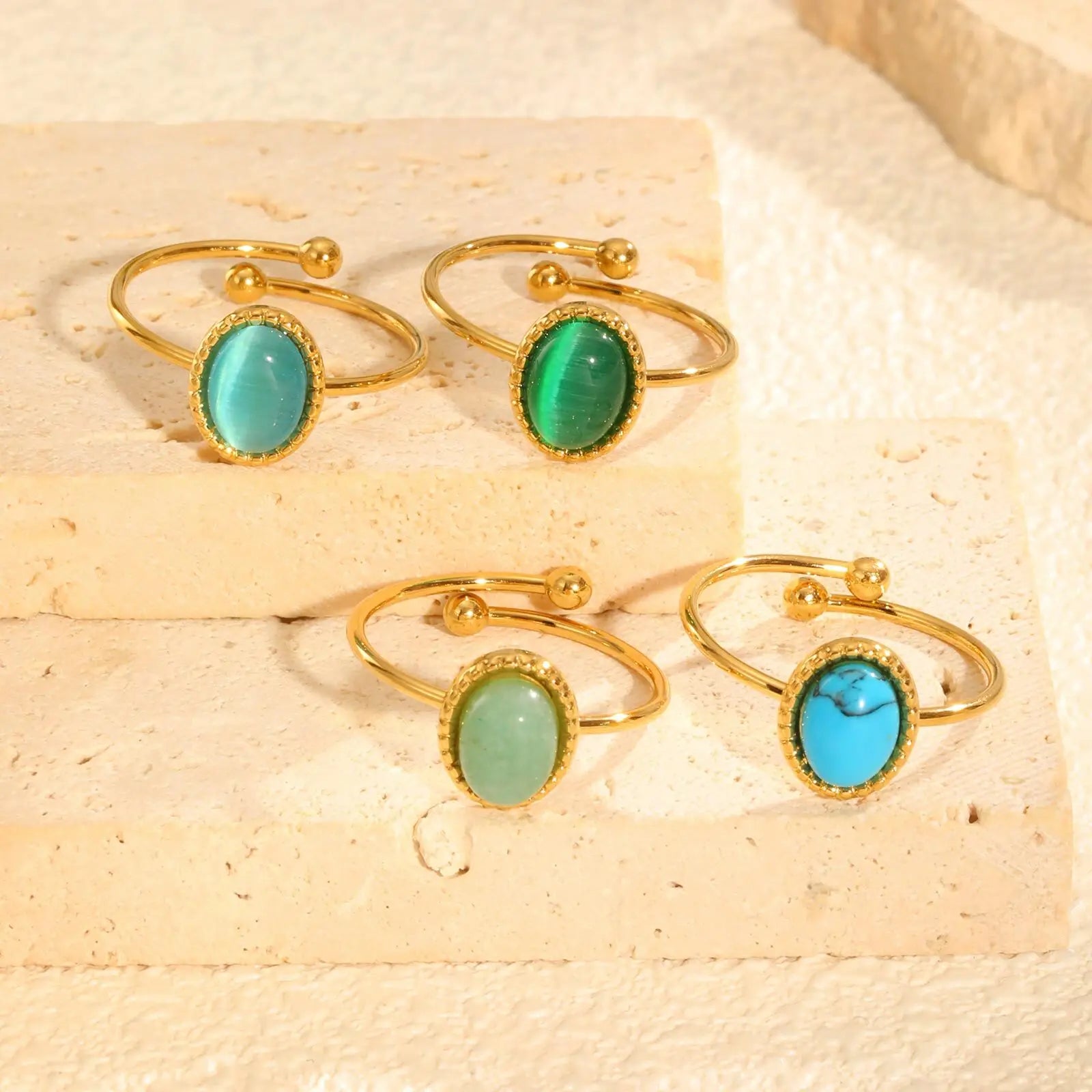 Vnox Vintage Luxury Geometric Open Rings,Natural Stone Stainless Steel Charm Jewelry For Women,Fashion Rings Finger Accessories