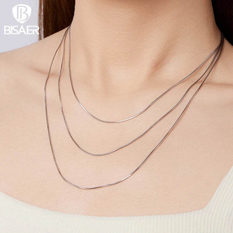 BISAER 100% 925 Sterling Silver Snake Basic Necklace Stacking Chain Plated White Gold for Women Party Fine Jewelry ECA032
