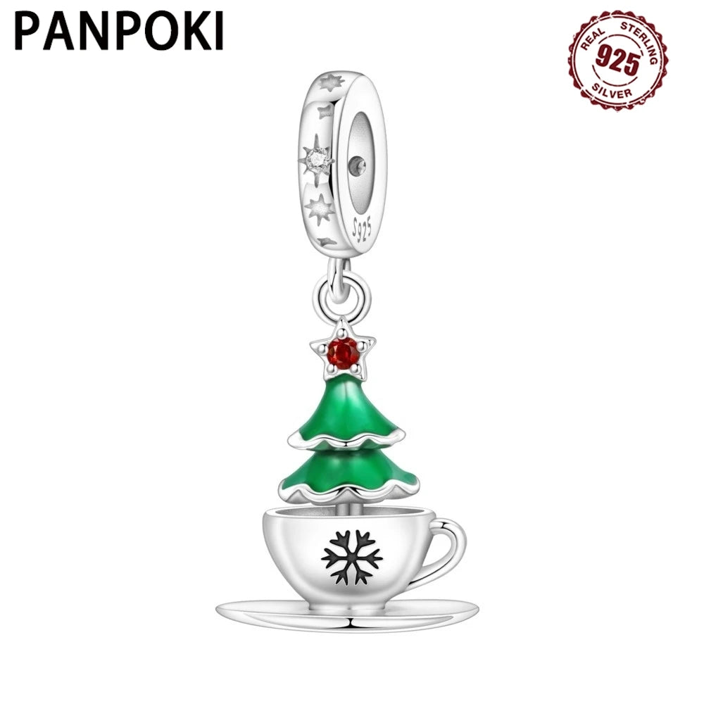 PANPOKI 925 Sterling Silver Christmas Tree Coffee Pendants Bracelet Charms Fit Women Jewelry Party Beads DIY Trendy Gifts