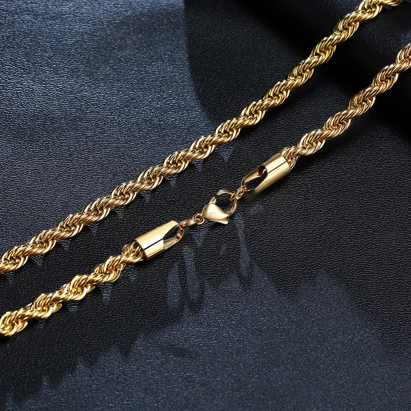 Vnox Dainty Gold Color Rope Chain Necklaces for Women Men,Chic Twisted Collar, Waterproof Stainless Steel Link 2/3/4/5mm Width - Madeinsea©