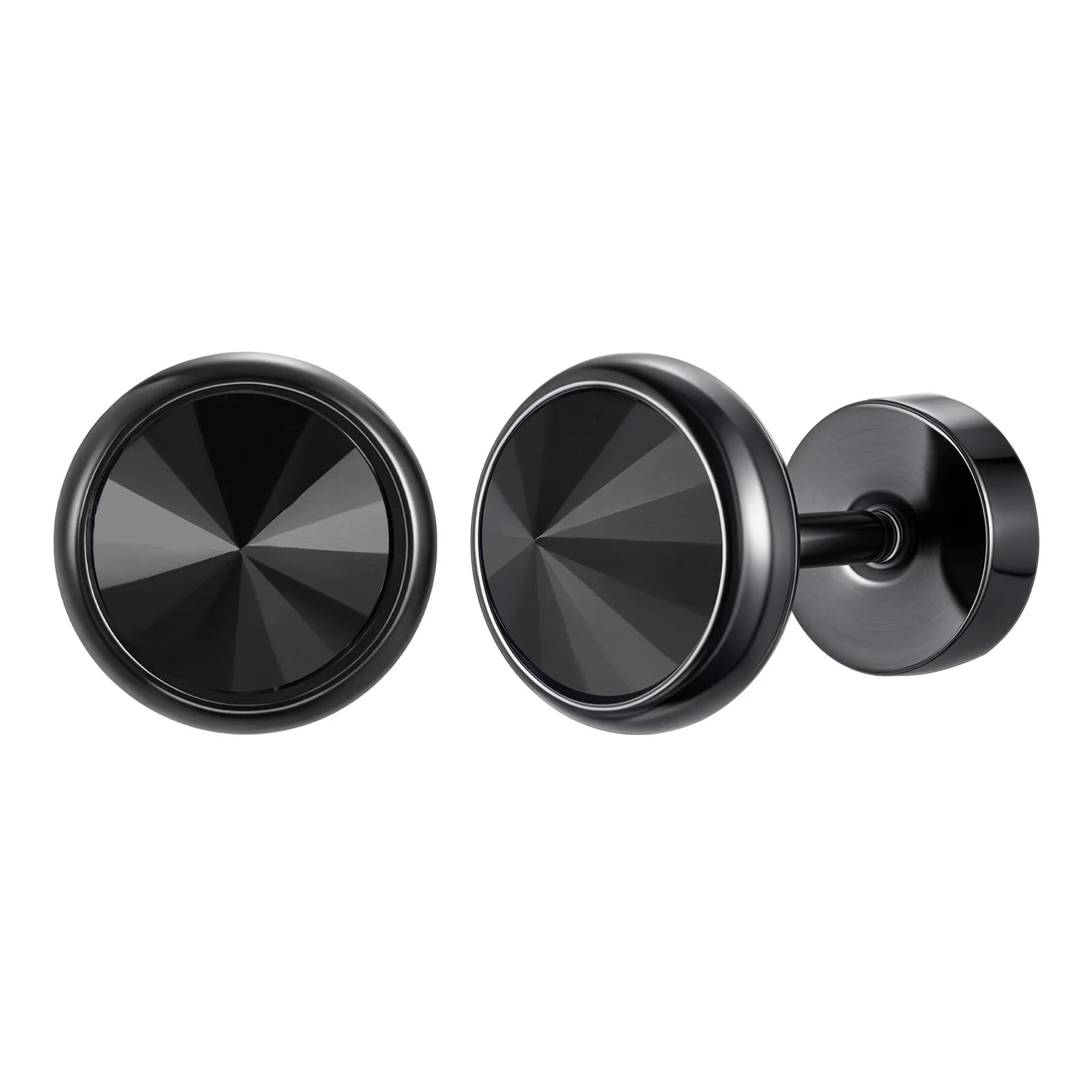 Vnox Multi-faced Cut Zircon Stone Earrings for Men Boys, Screw Back Stud Barbell Shaped Earrings,Black Stainless Steel Jewelry